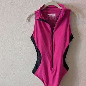 Pink and Black Sleeveless Zip-Up Top